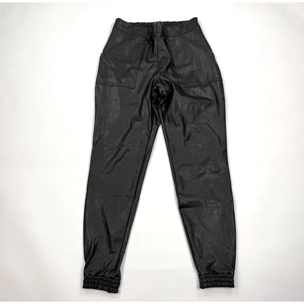 SPANX Leather Like Jogger Faux Vegan Women L‎ Pockets Pull On Pants 20283R Black